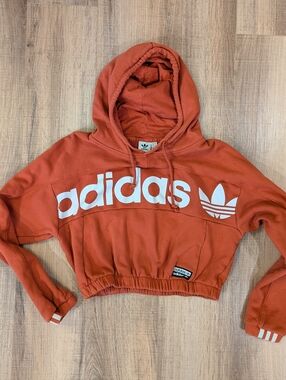 Adidas Originals Cropped Hoodie Womens Large Orange Trefoil Logo Sweatshirt L